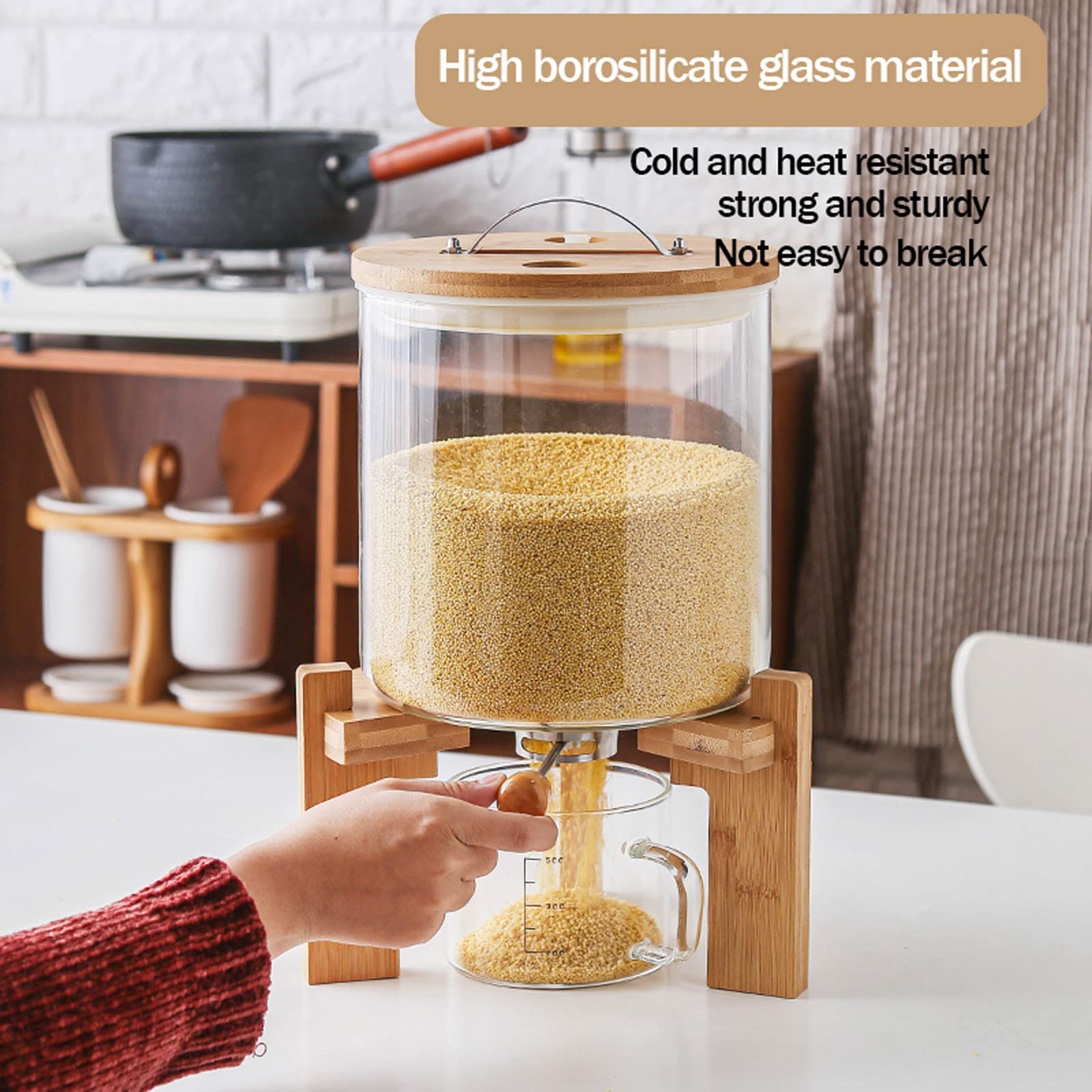 Hohe Kapazität Müslispender, 5/7.5L, Feuchtigkeitsfest Küchen Vorratsglas mit Deckel, Glas Reisspender für Getreide Frisch und Trocken Halten, 500ml Messbecher aus Glas(Size:7.5L)