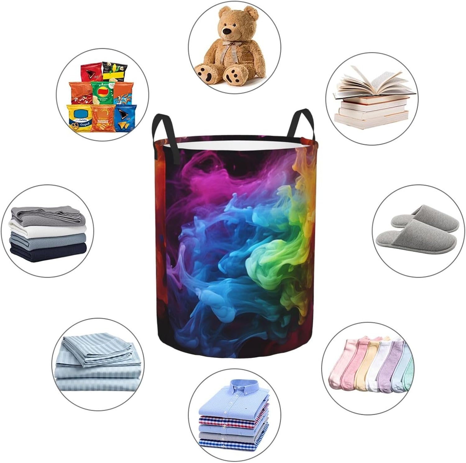 Rainbow smoke Laundry Basket With Handles, Foldable Laundry Hamper Oxford Cloth Dirty Clothes Basket Waterproof Clothes Toys Storage Bin Organizer for Bedroom Bathroom Dorm