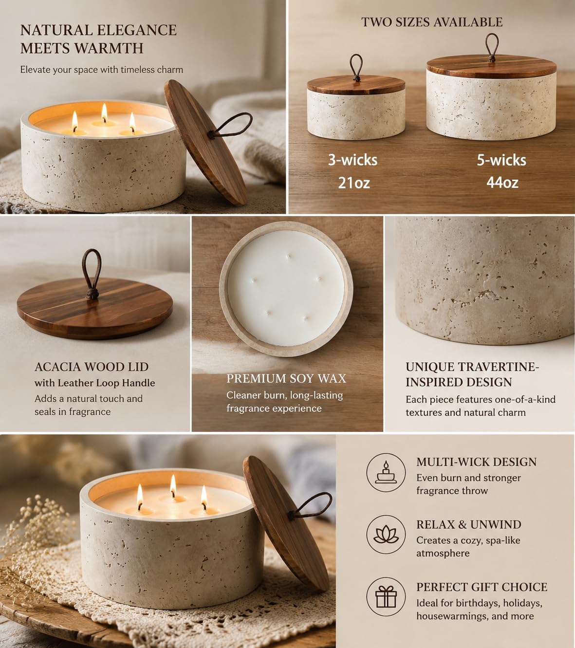 5-Wick Scented Candle-Sea Salt & Bergamot & Coconut,Soy Coconut Wax Blend Candle with Acacia Wood Lid,44oz Large Candle,55-Hour Long Burning,Aromatherapy Candle for Home Decor