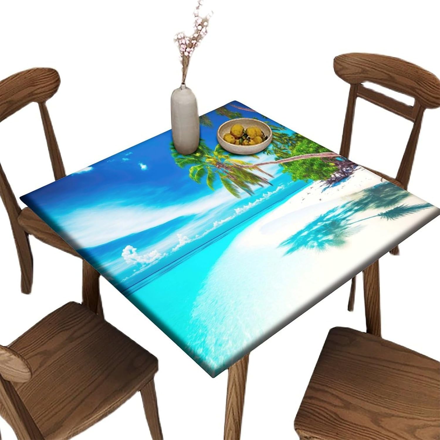 Square Stretchable Elastic Edge Tablecloth, Tropical Island with Clear Water Washable Home Decor Table Cloths, for Kitchen Dining Tabletop Decoration, Fit for 36" x 36" Square Table