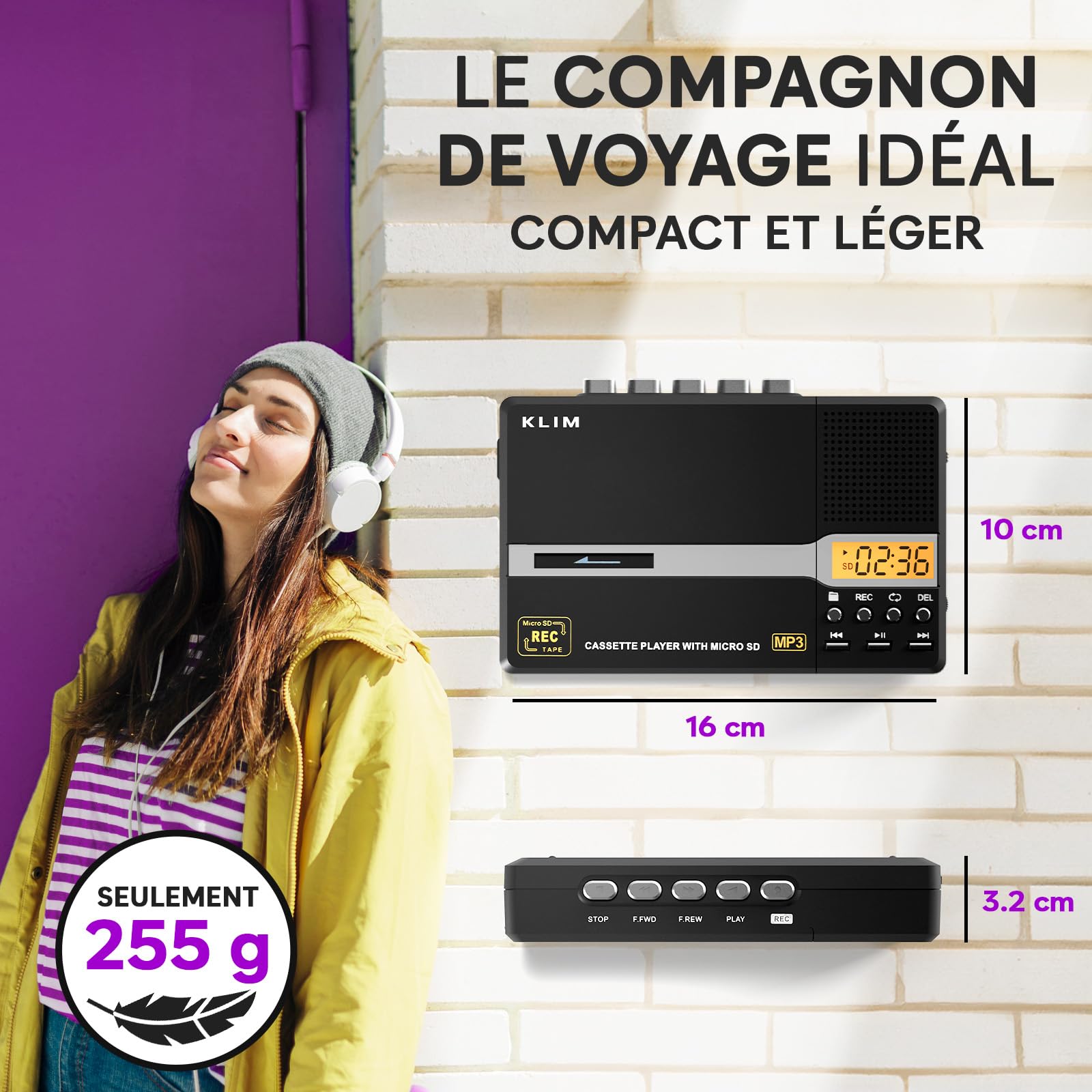 KLIM K10 Lecteur Cassette Audio & Enregistreur, Baladeur Cassette & Convertisseur en MP3 + Micro & Haut-Parleur Intégrés + Transfert USB PC + Piles/USB + Carte SD 8 Go + Écouteurs - Noir