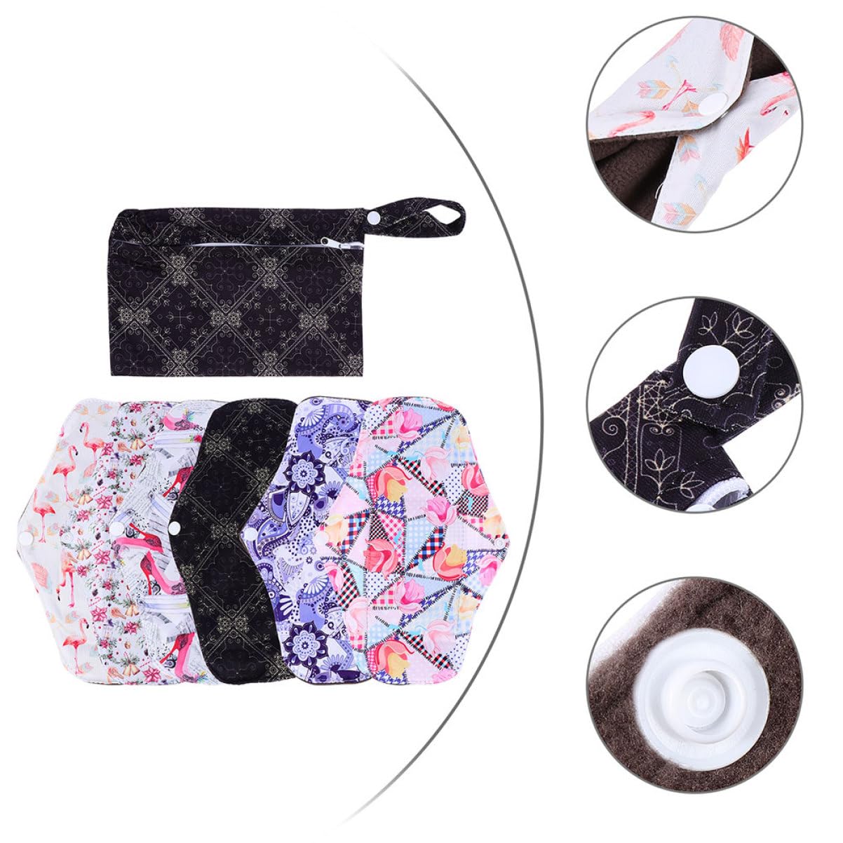 Compresa Menstrual Reutilizable M de Fibra de Carbón 7 Piezas | Alas y Broches de Fijación, Tacto Cómodo para Uso Diario y Ejercicio, Formato Lavable Estilo Aleatorio