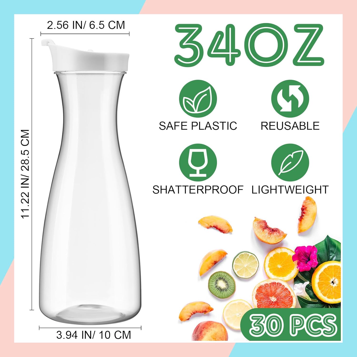 30 Packs Plastic Carafe with Lids, 34 oz Clear Mimosa Juice Containers, Acrylic Beverage Carafe Pitcher Drink Containers for Fridge Outdoor Iced Tea Juice Party Mimosa Bar(Trendy)