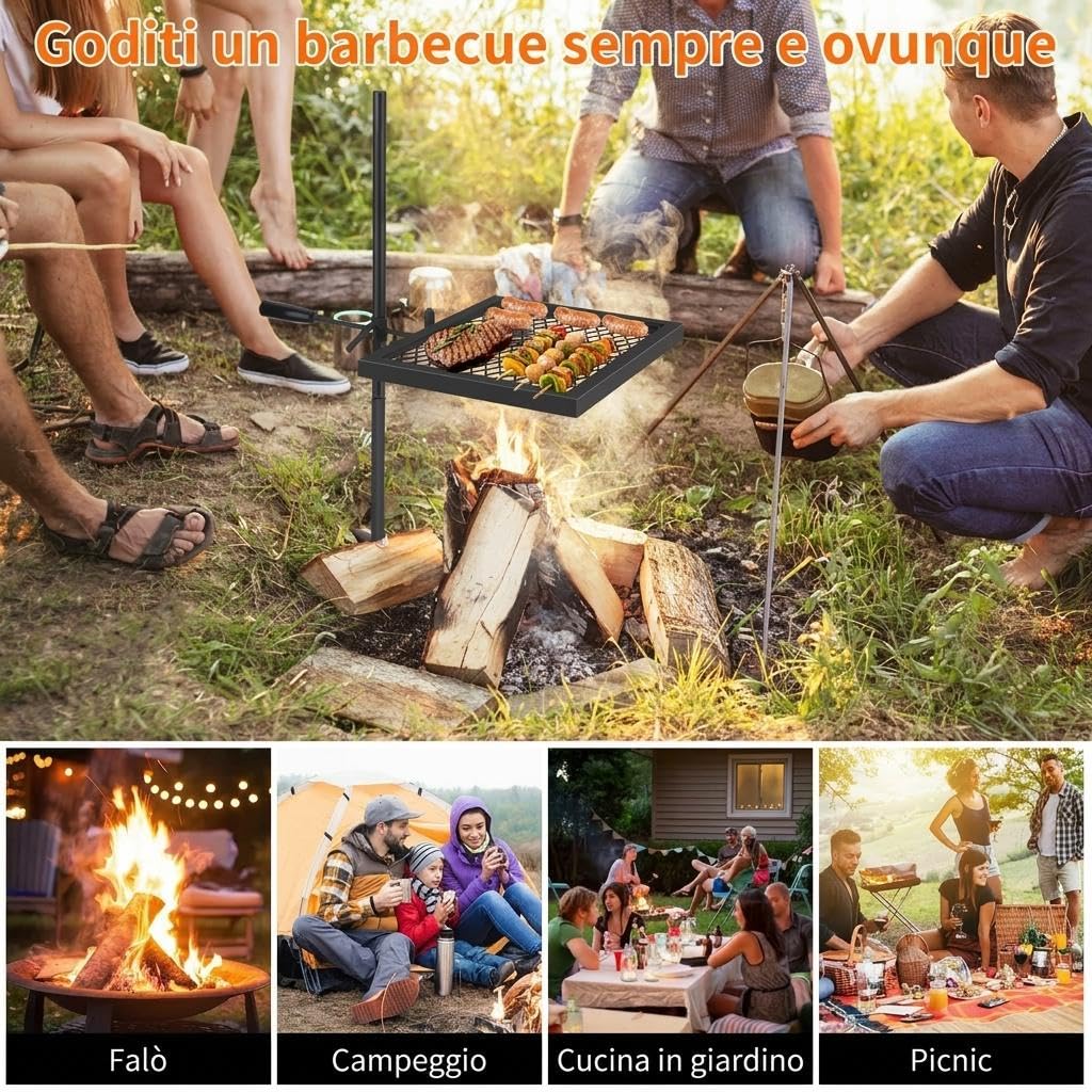Garvee Griglia girevole da campeggio in acciaio pesante 360° - Altezza regolabile - Portatile per barbecue esterno - Borsa trasporto inclusa - 42x32cm, verticale, grill, set due pezzi 16.7x12.6cm