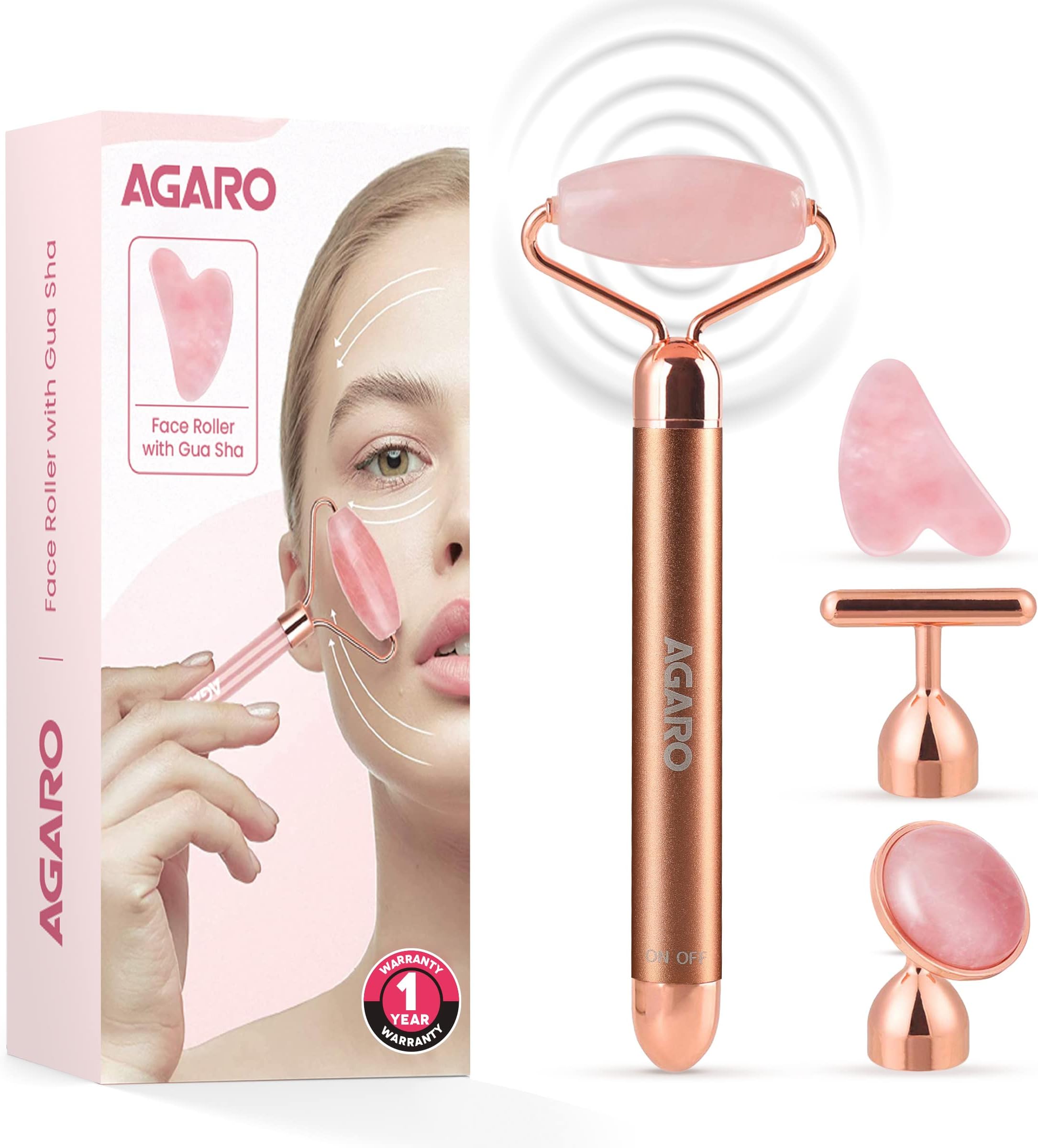 AGARO 4-In-1 Electric Rose Quartz Face Roller with Gua Sha, Facial Roller Kit for Face, Eye, Neck, Anti-Aging Facial Massager for Anti-Wrinkles, Skin Firming and Lifting (Rose Gold)