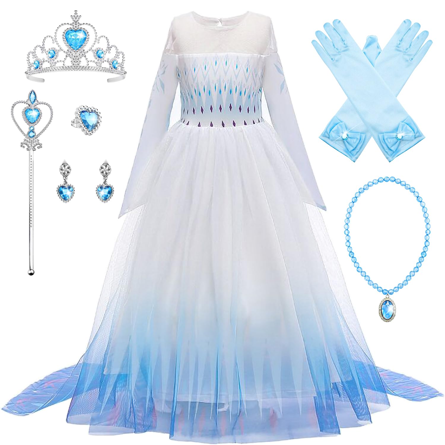 New front Niña Disfraz Princesa Elsa con Capa Vestido de Frozen Reina 2 Costume Manga Larga Traje Parte de Fiesta Cumpleaños Navidad Halloween Cosplay Fancy Dress con Accesorios