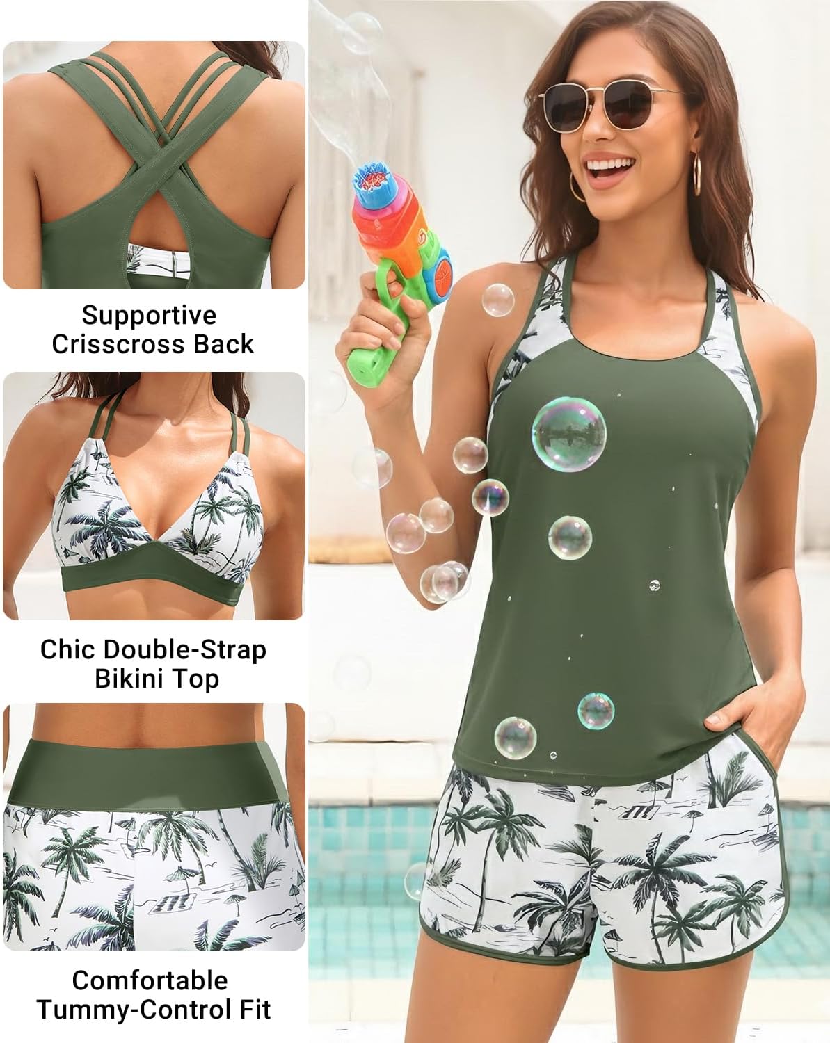 Daci Women 3 Piece Tankini Swimsuits - Tummy Control Tank Top with Bra Modest Bathing Suit with Pockets Boyshorts Bottom 2026 - Image 3