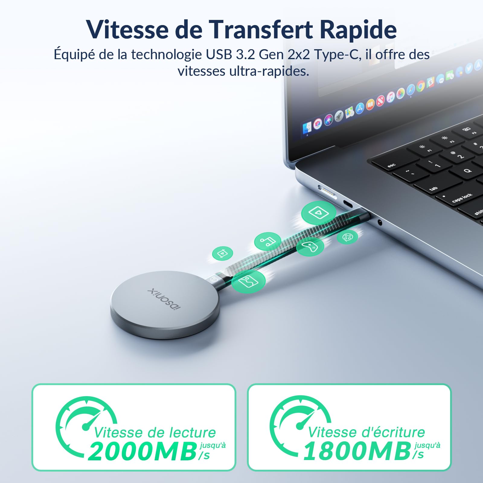 iDsonix SSD Externe 2To, USB 3.2 Gen2x2, jusqu'à 2000Mo/s en Lecture, 1800Mo/s en écriture, Disque Dur Externe Portable Magnétique SSD pour iPhone 15 Series, PS5, Android, Xbox, Mac, PC