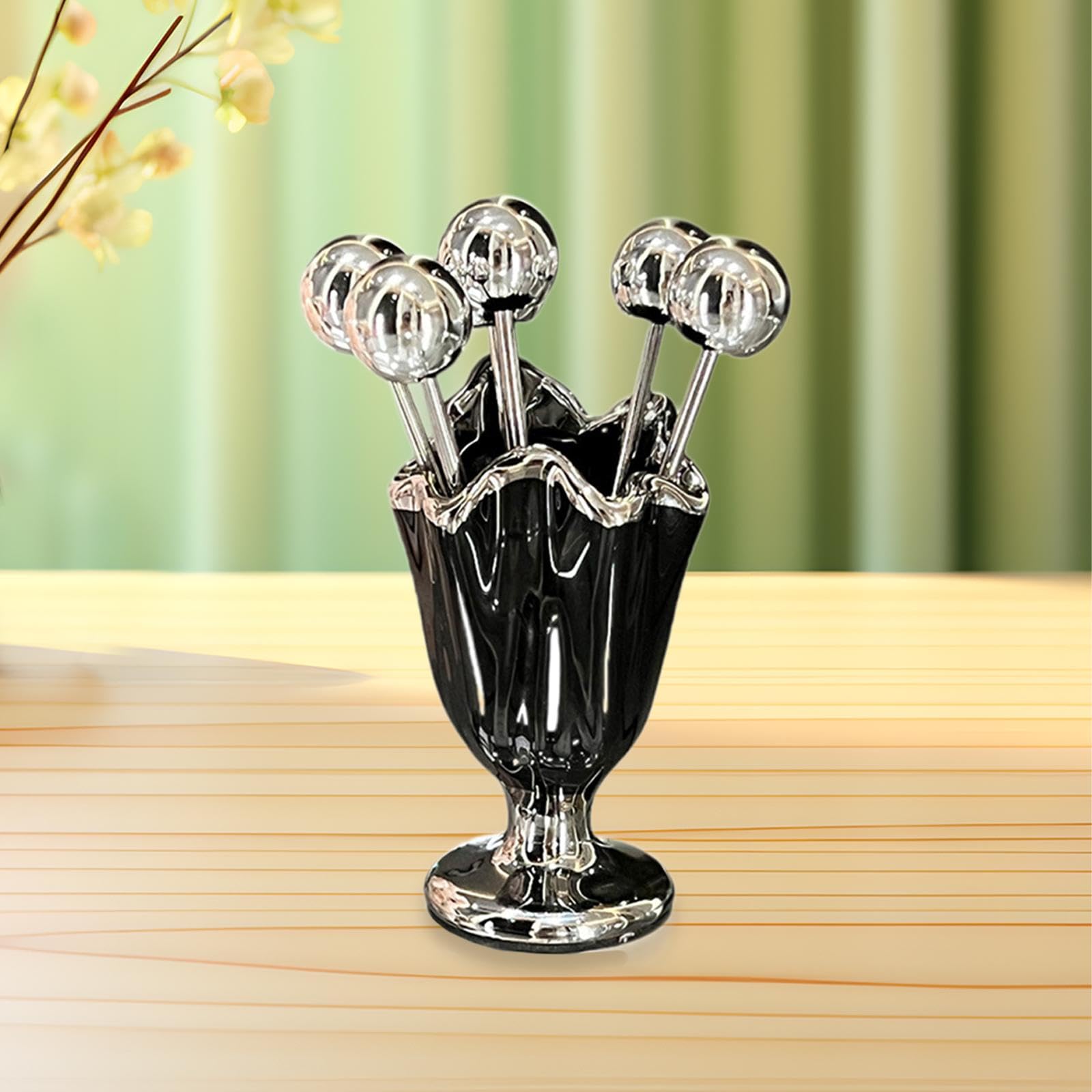 Ioensy Fruit Forks Set Appetizer Forks Dinnerware Cute Dessert Forks with Storage Cup for Kitchen Banquet Dining Table Accessories, Black