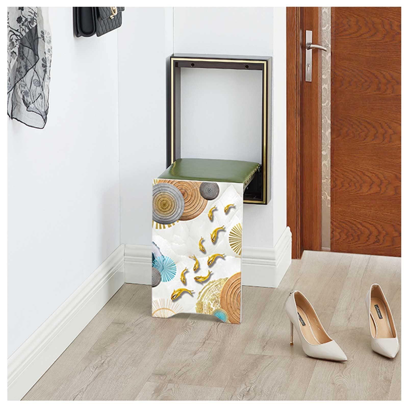 Taburete de cambio de zapatos de pared de madera para solucionar la falta de espacio