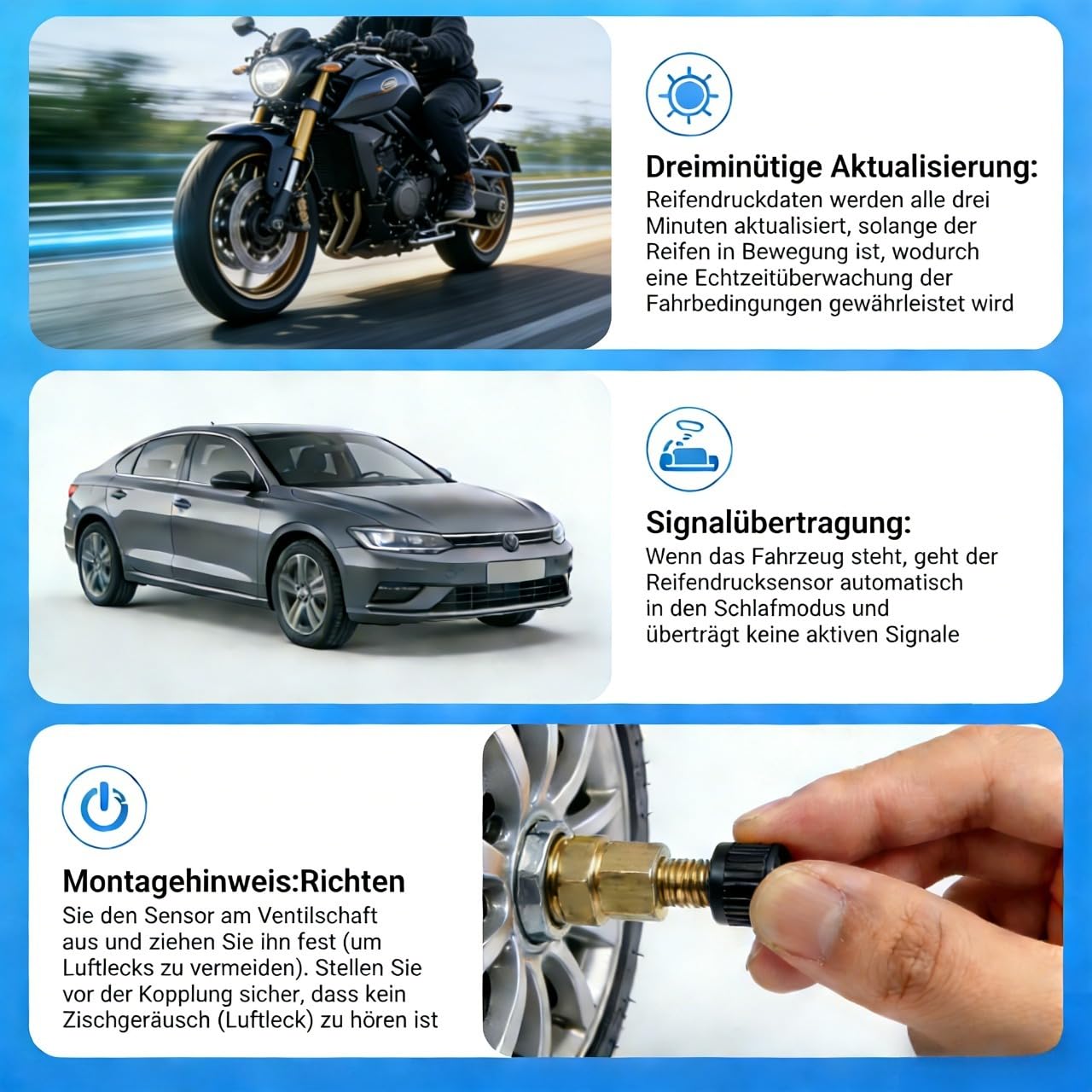 Moman Motorrad TPMS 4 Sensoren Reifendruck-Kontrollsystem mit App, Reifendruck & Temperatur Monitor mit Alarmfunktion, Nur iOS & Android Kompatibel