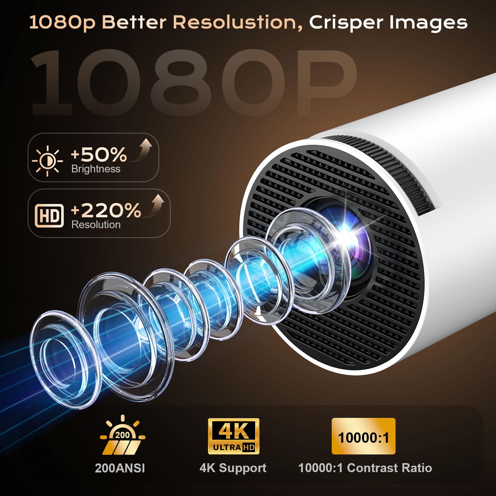 Proyector Portátil, Mini Proyector 4k 1080P Full HD Soporte 200 ANSI con WiFi 6 Bluetooth 5.4 Android 12.0, Altavoz Integrados 5W Auto Keystone Portable 270° Rotation para Cine en Casa Exterior