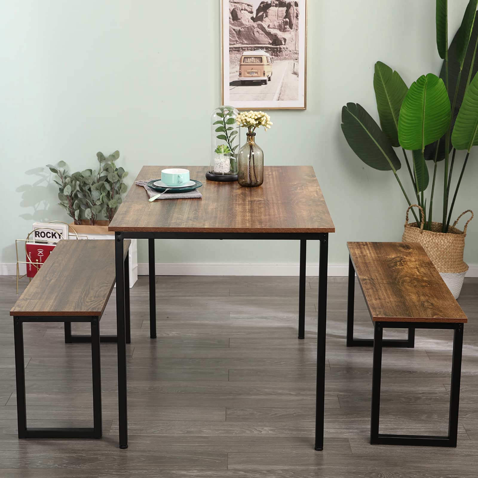 soges 3 PCS Dining Table Set for 4 with 2 Benches, Soho Dining Table and Chairs Set, Industrial Kitchen Table and Chairs Kitchen Breakfast Table Set, Dining Set with Metal Frame,CZJYB-yzld01-CA — view 3