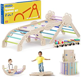 COSYLAND Triangle d’Escalade Montessori 8-en-1 - Arche Pliable en Bois pour Enfants de 1 à 6 Ans, Parcours de Motricité à Hauteur Réglable, Charge 80 kg, Boîte Cadeau Colorée (Froid)