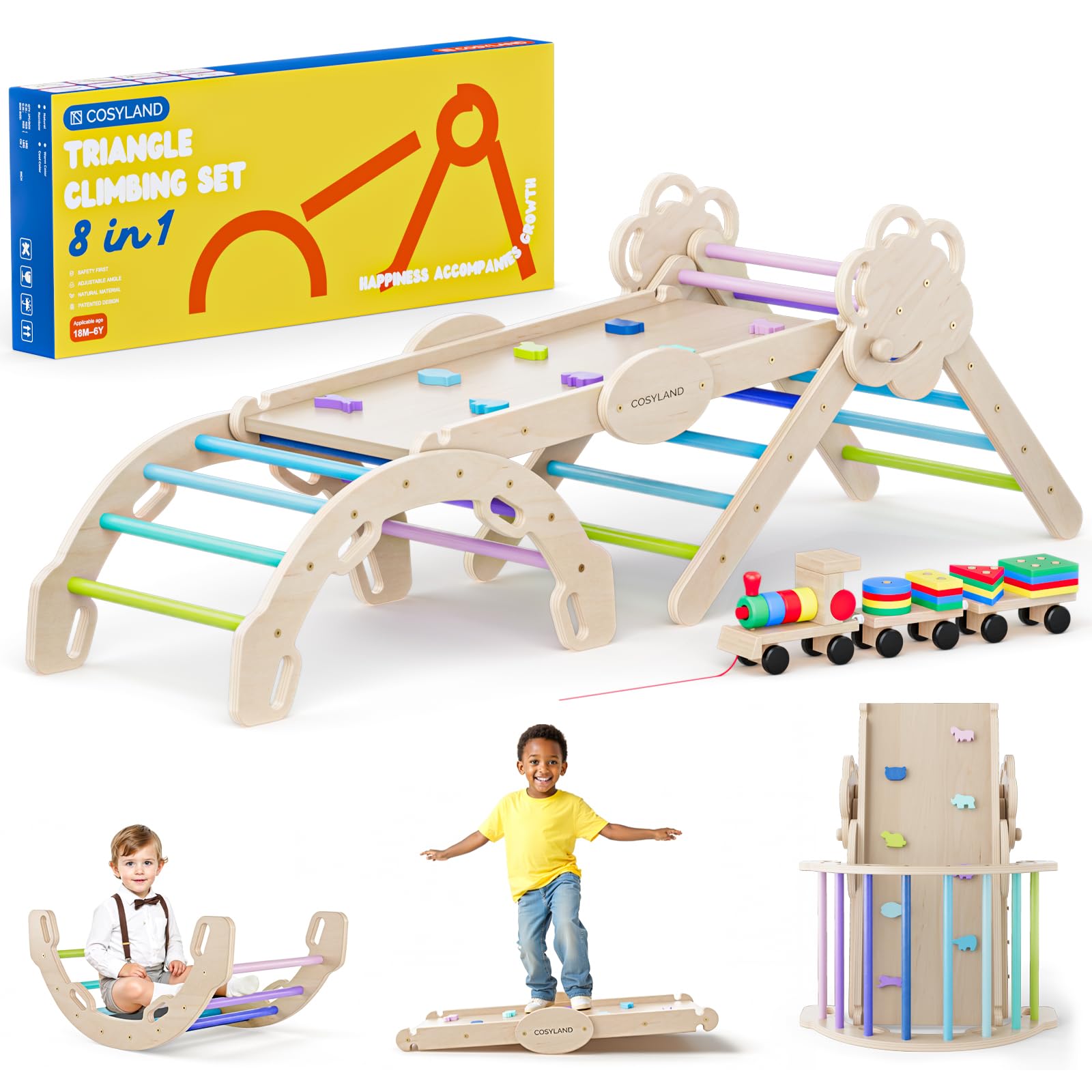 COSYLAND Arrampicata per Bambini 8 in 1 - Triangolo di pikler Regolabile a 3 Livelli con Scivolo, Gioco Treno e Confezione Regalo, Palestra Bambini Pieghevole da Interno, 18M-6Y, Freddi