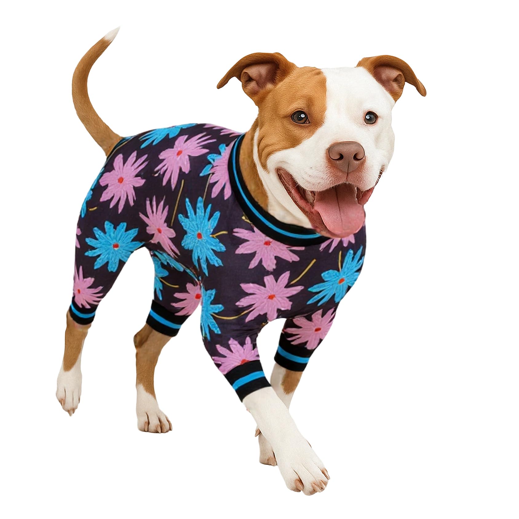 LovinPet Dog Recovery Bodysuit for Medium Dogs, Lightweight Stretchy Fabric, Black, Turquoise Leaf Print, Large Surgery Recovery PJs, Easy to Wear