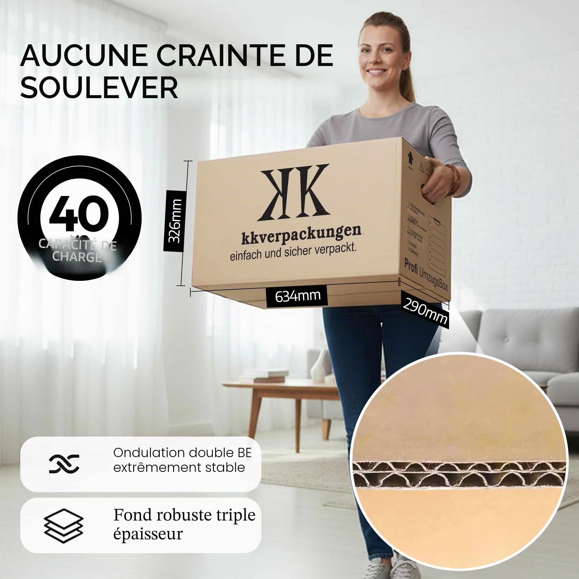 Cartons de déménagement 20 plis | Extra stable et empilable avec double arbre | Base papillon robuste | Capacité de charge élevée | Idéal pour chaque mouvement