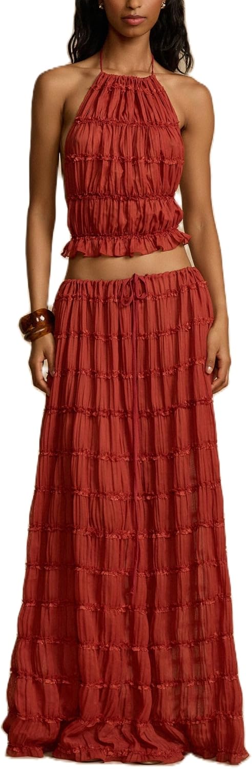 Women Y2K Skirt Set Outfits Strapless Crop Top Bodycon Midi Skirt Dress Sexy 2 Piece Knit Outfits Skirt Summer