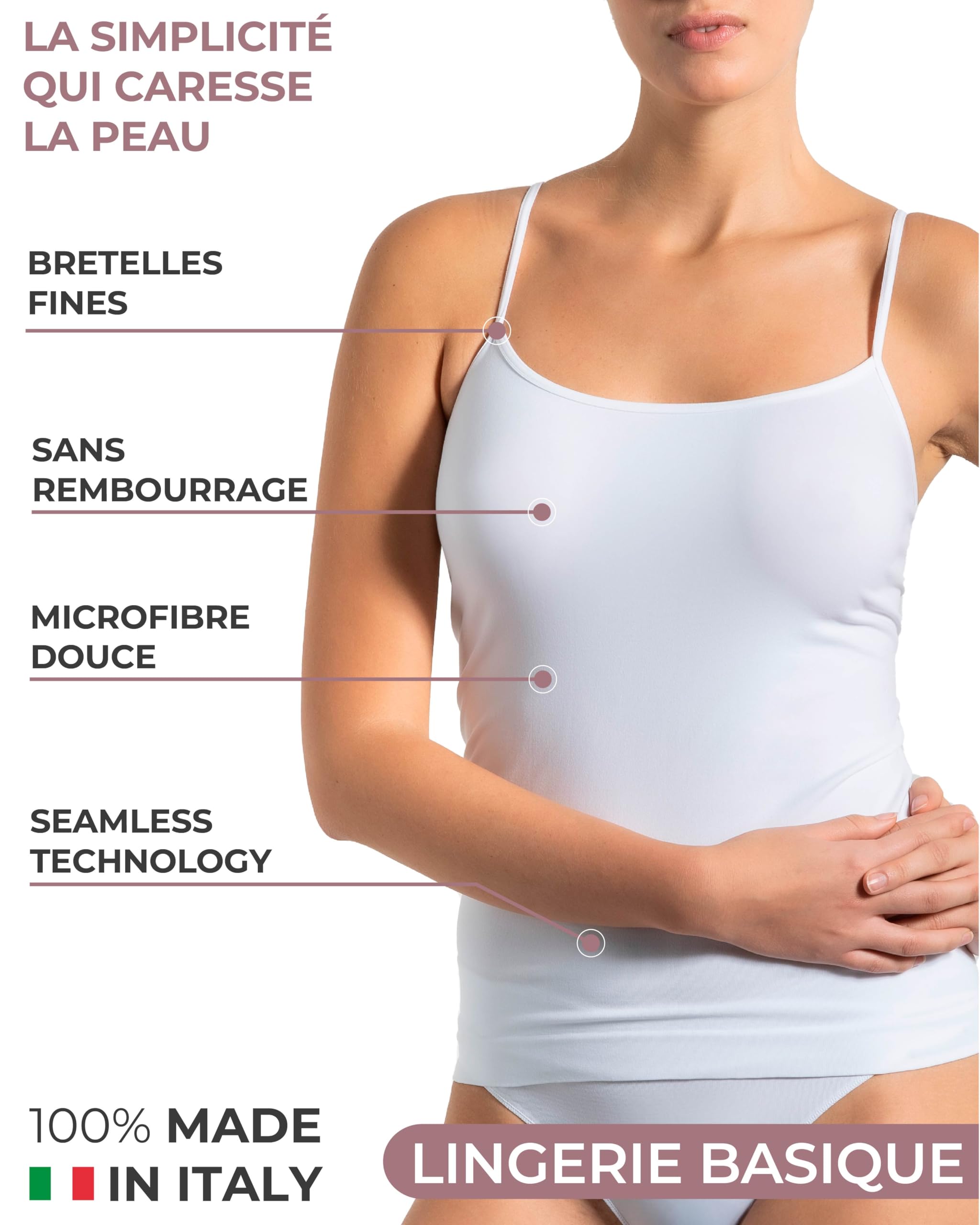 Risalti Débardeur Femme en Microfibre - 3 Pièces Épaule Étroite, Élégant, Plus Doux que le Coton, Caraco Sans Couture, Sous-Vêtements - Made in Italy