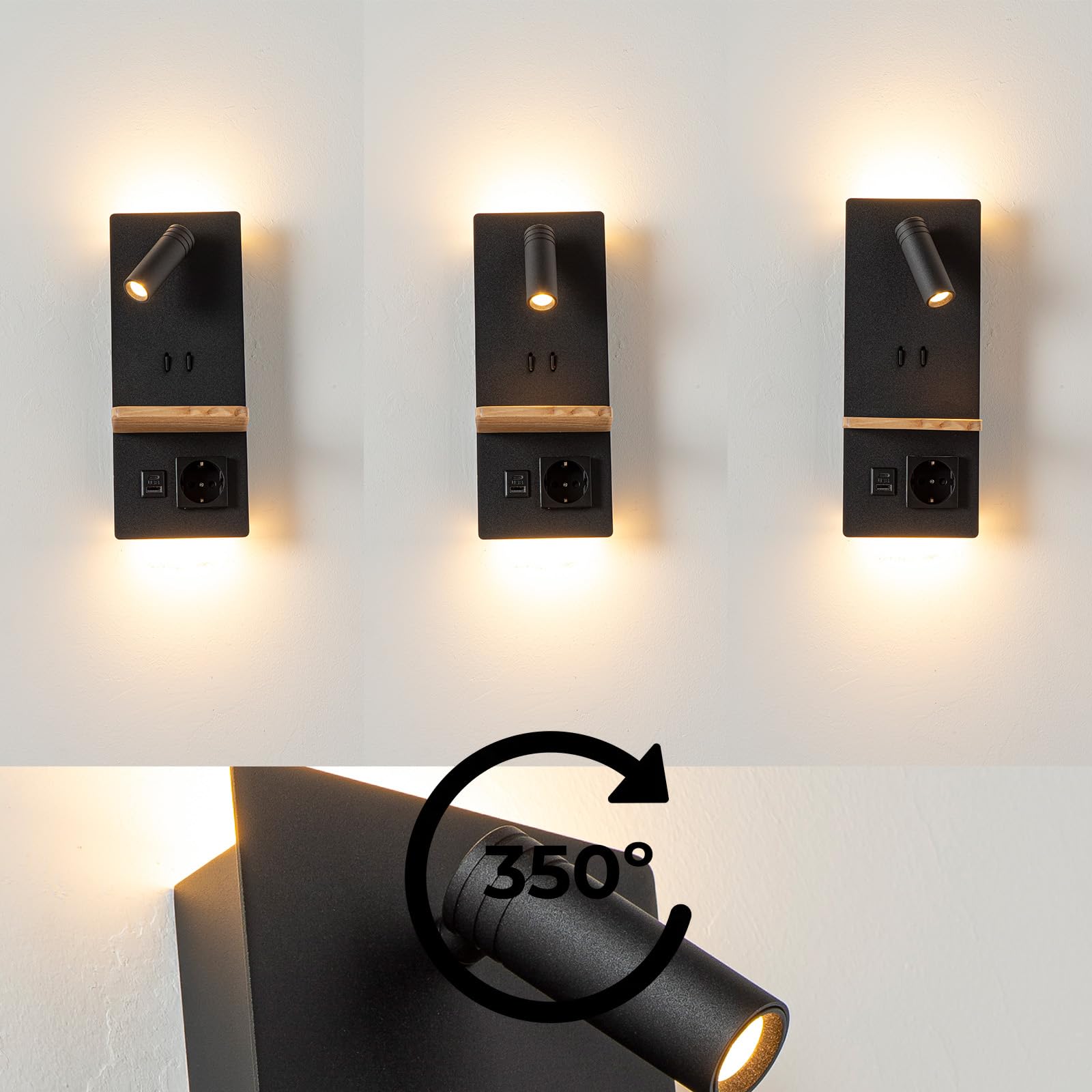 Alpinaluz Schwarze Wandleuchte mit schwenkbarem Leselicht, 3 W und Umgebungslicht, 6 W, 2800 K, USB-Ladeanschluss A+C, Schuko-Stecker und Holzregal für Schlafzimmer und Kopfteil