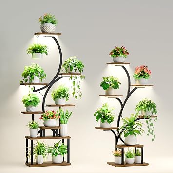 Plant Stand Indoor with Grow Lights - 62" Tall Plant Shelf, Lighted Corner Plant Stands for Indoor Growing, 8 Tiered Large Flower Holder Bundle with 49" Tree-Shaped Plant Stands with Grow Lights Black