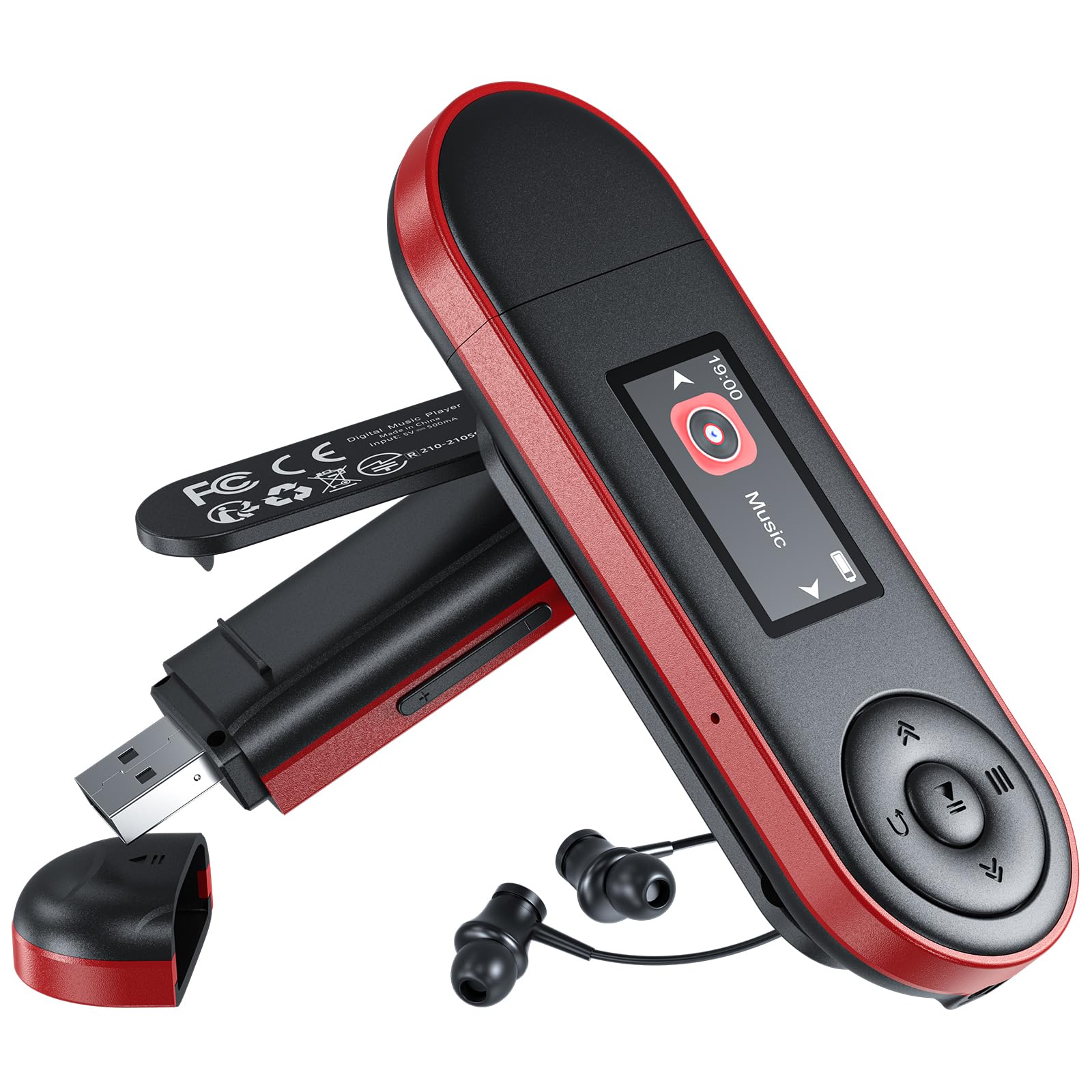 Lecteur MP3 64Go Bluetooth 5.3, Clé USB Plug & Play, Ultra-léger 28g, Boutons Physiques pour Utilisation à l'aveugle, Clip Sport pour Course à Pied, Lecture par Dossier, Radio FM, Enregistreur Vocal