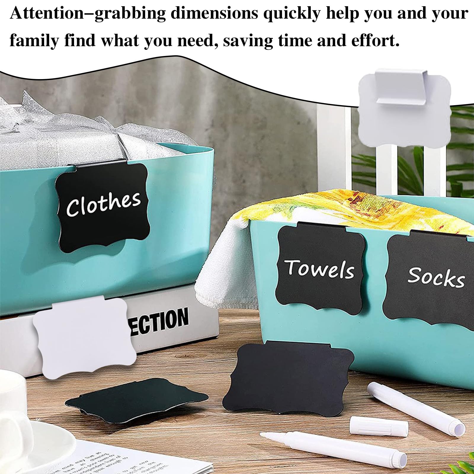 Confezione da 16 etichette per cestini, riutilizzabili e rimovibili per l'organizzazione, clip per cestini per etichettatura, etichette in tessuto per dispensa e mobili da cucina (nero)