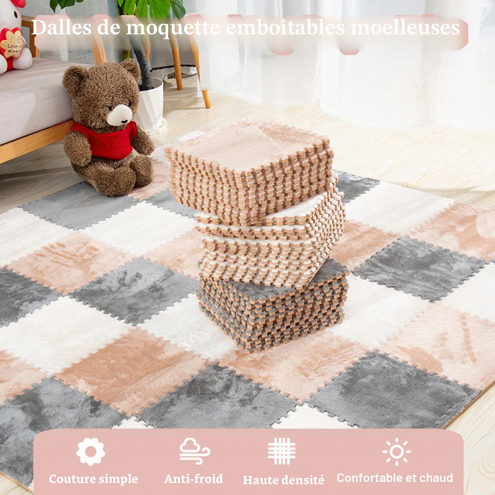 10pcs Carreaux De Sol en Mousse, Tapis De Jeu en Mousse pour Chambre à Coucher, Tapis De Jeu en Peluche Puzzle 12"x12" Dalles De Moquette Imbriquées, Tapis De Sol en Mou(Color:Blanc+Café Clair+Gris)