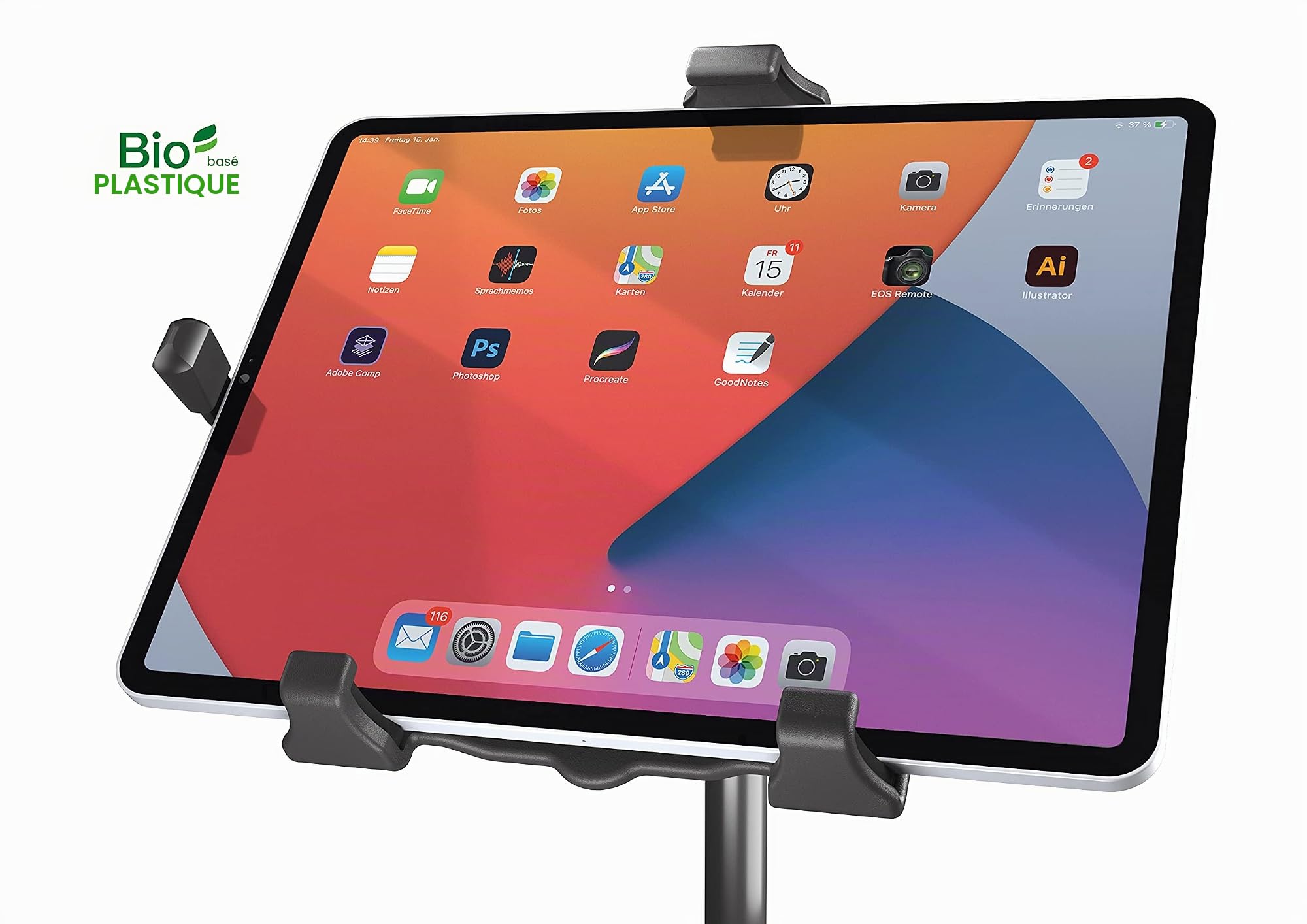 K&M 19744 Support pour pied de tablette PC Noir, plastique biosourcé - Support de tablette pour pied avec filetage 3/8" ou 5/8".
