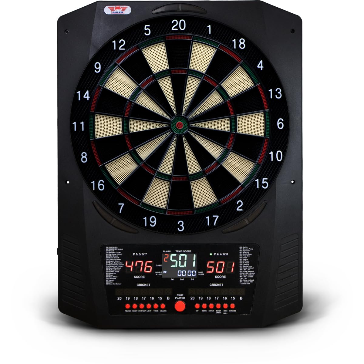 Bull’s Universum Pro L Elektronisches Softtip Dartboard – LED Beleuchtung, 45 Spiele / 474 Varianten, für bis zu 8 Spieler, inkl. Darts & Zubehör