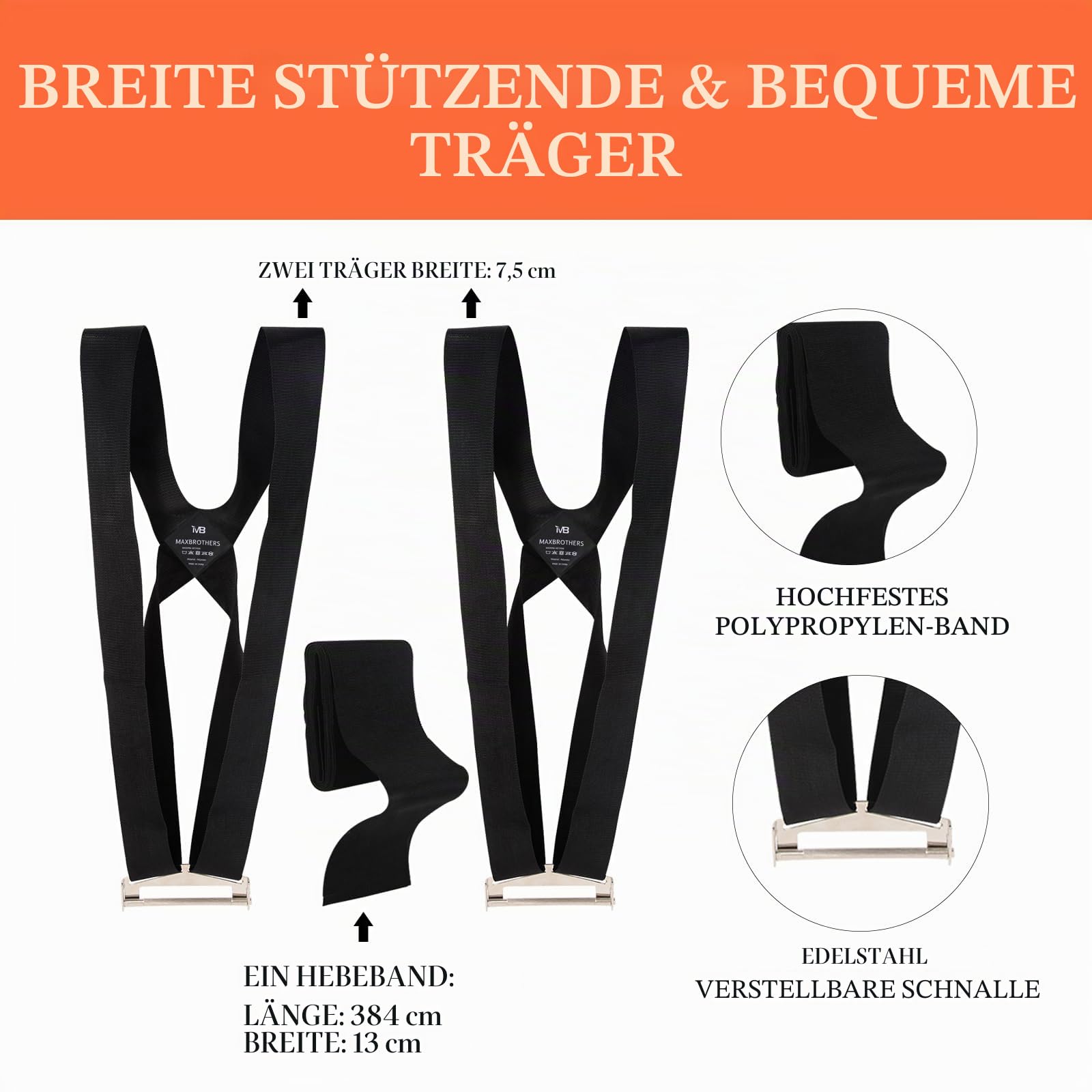 MAXBROTHERS Umzugsgurte (12,7 cm Breite), 2-Personen-Hebe- und Umzugsgurte, Heben, Bewegen und Tragen von Möbeln, Geräten oder Anderen Gegenständen bis zu 362,9 kg