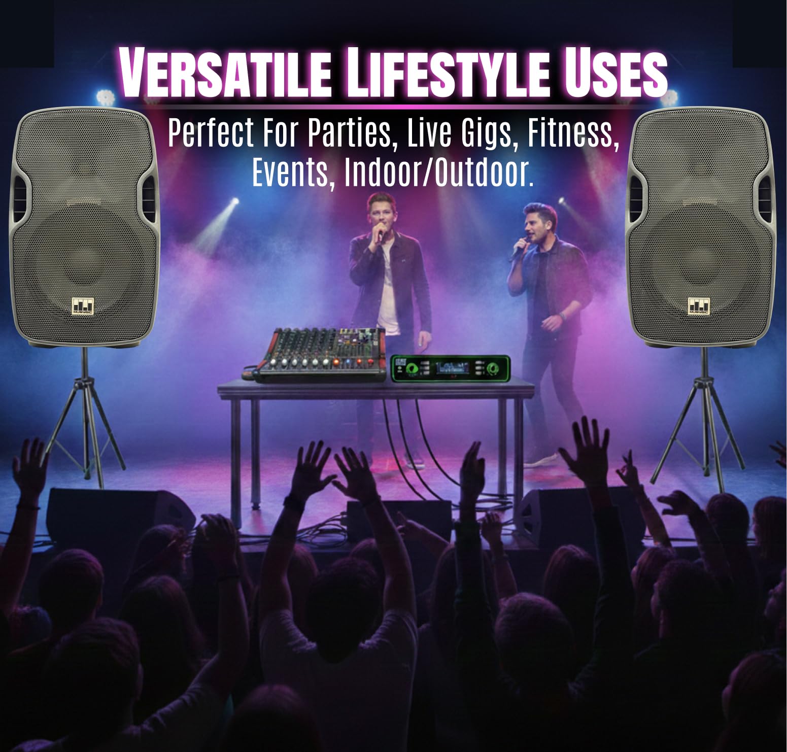 MUSYSIC Portable PA System with 2000W Amp & Wireless UHF Microphone System. 6 Ch Audio Mixer with Multiple Inputs. pa system with wireless microphone and speakers, Complete w/Stands - 10" Speaker 800W