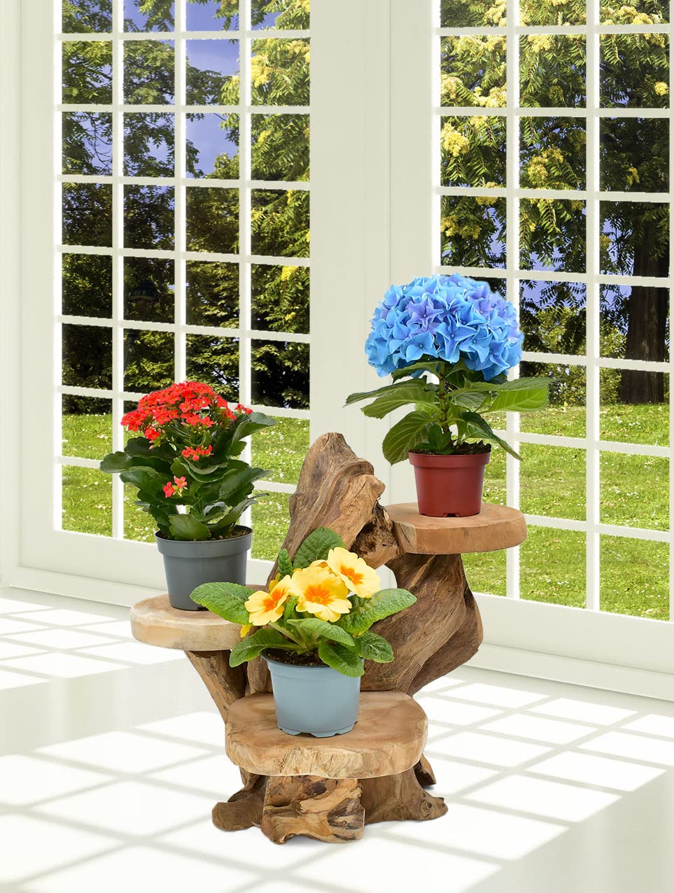 Teak Blumenständer mit 3 Ablagen Blumenpodest Pflanzentreppe Blumenregal Ständer Blumenhocker Massiv Holz Podest Regal