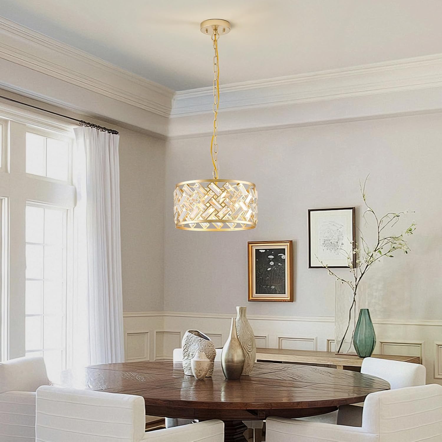 Gold Crystal Chandelier, 3-Light Morden Dining Room Light Fixture,12.4" Small Semi Flush Mount Chandeliers for Kitchen Foryer Entryway Hallway Living Room Bedroom (ETL Listed)