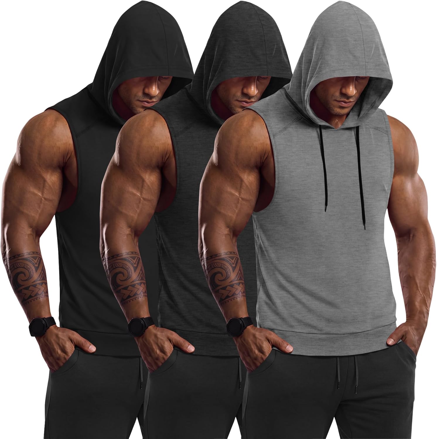 3 Pack Men's Big & Tall Workout Hooded Tank Tops Hoodie Sleeveless Shirts Bodybuilding Muscle Cut Off T Shirts