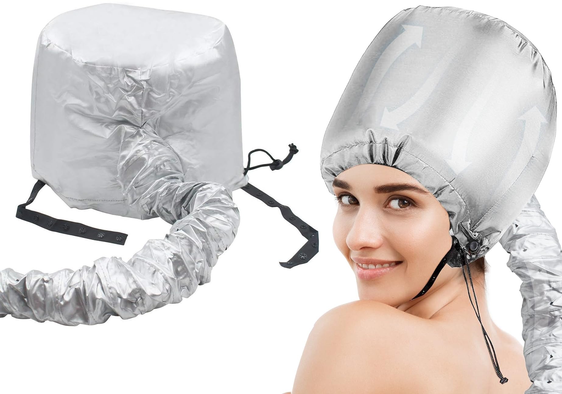 UCRAVO Hair Dryer Bonnet Portable Hood Attachment Silver Soft Cap for Blow Dryer, Adjustable Heat Bonnet for Deep Conditioning, Styling, Fits All Hair Types Hair Drying & Curl Setting at Home or Salon