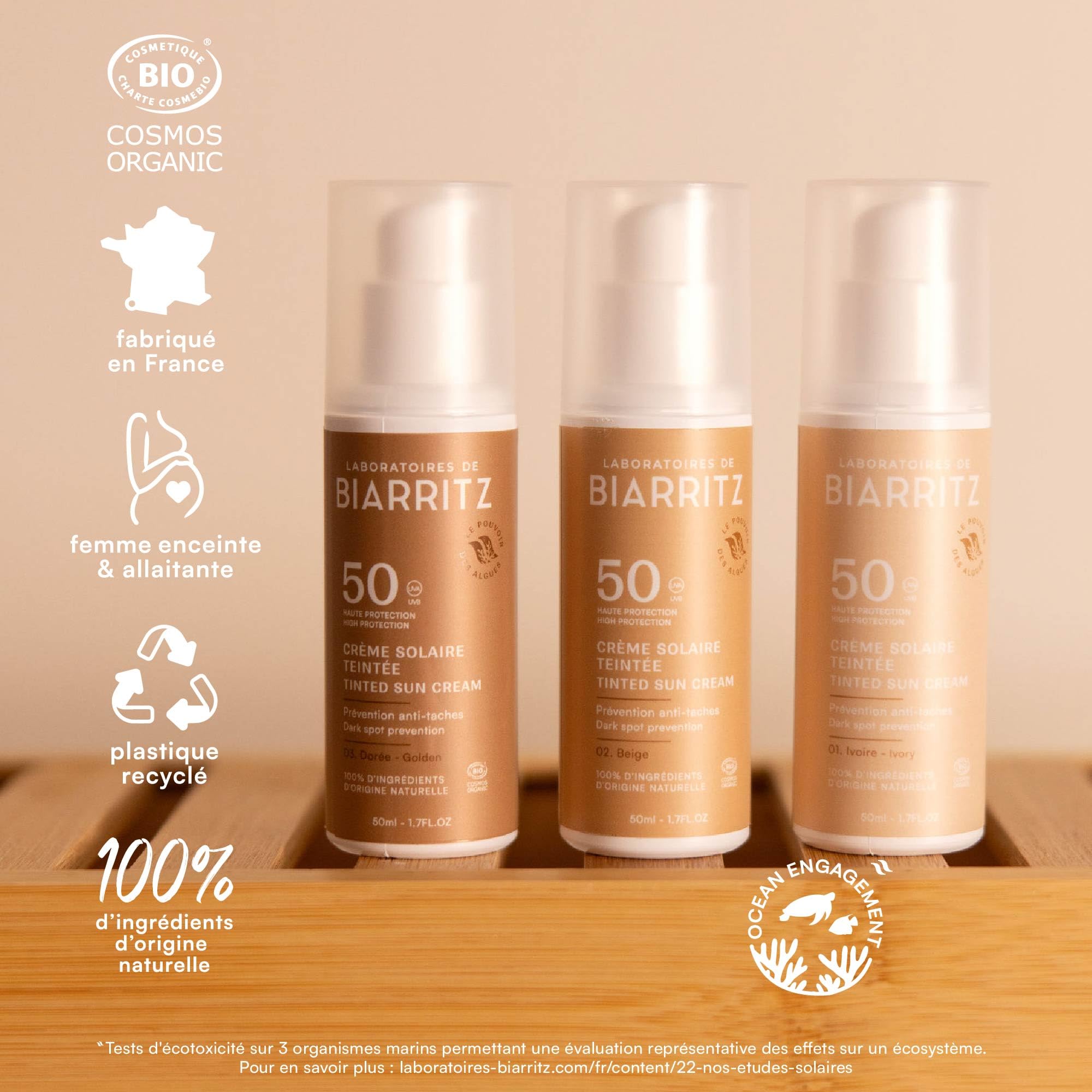 Laboratoires de Biarritz - Crème Solaire Visage Teintée Beige - SPF50 - Certifiée Bio - Unifie le Teint et Prévient l'Apparition de Taches - 50 ml - Fabriquée en France