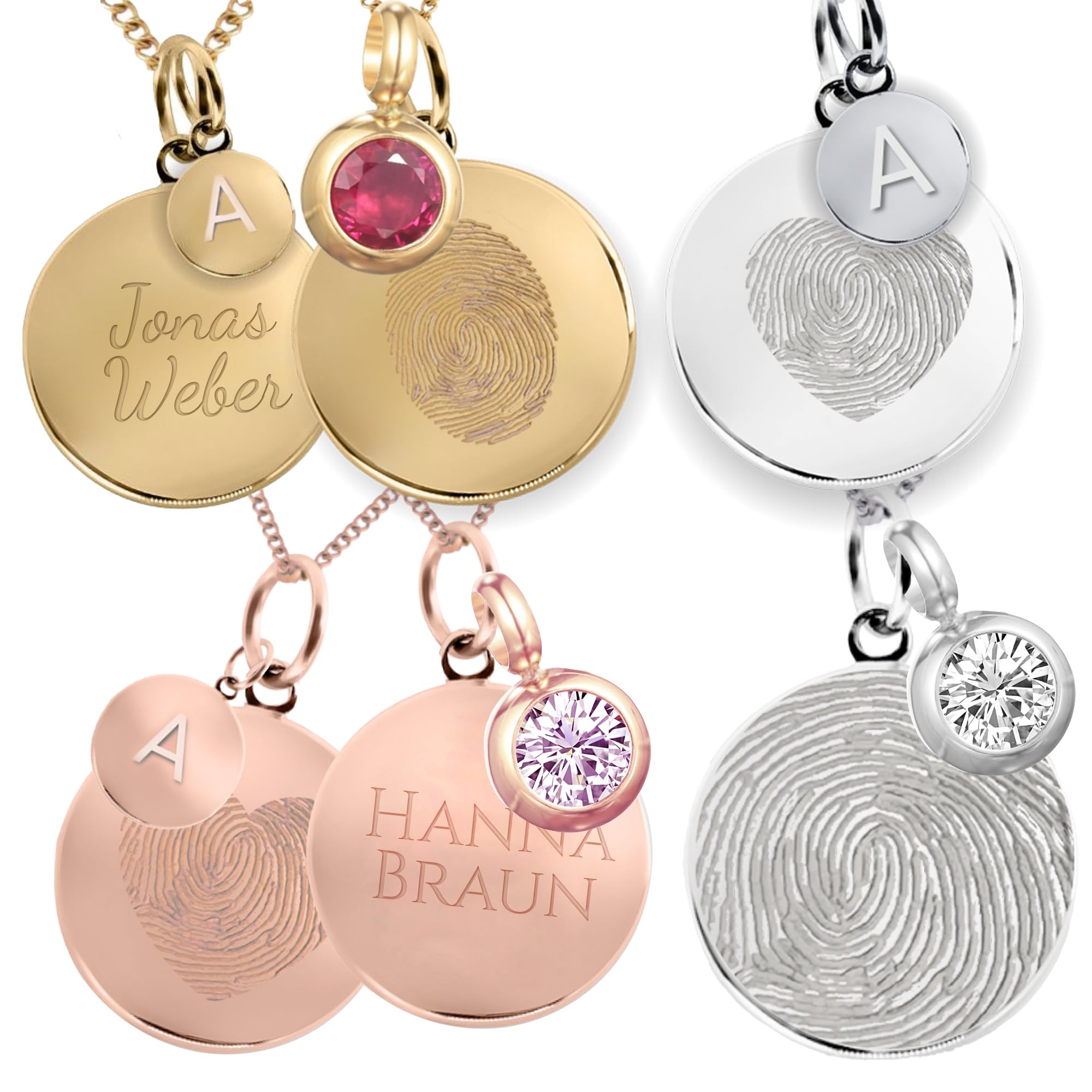 Collana personalizzata con impronta digitale con incisione – Opzionalmente con pietra portafortuna o lettere – placcata in oro 18 carati, oro rosa, argento – gioiello commemorativo e idea