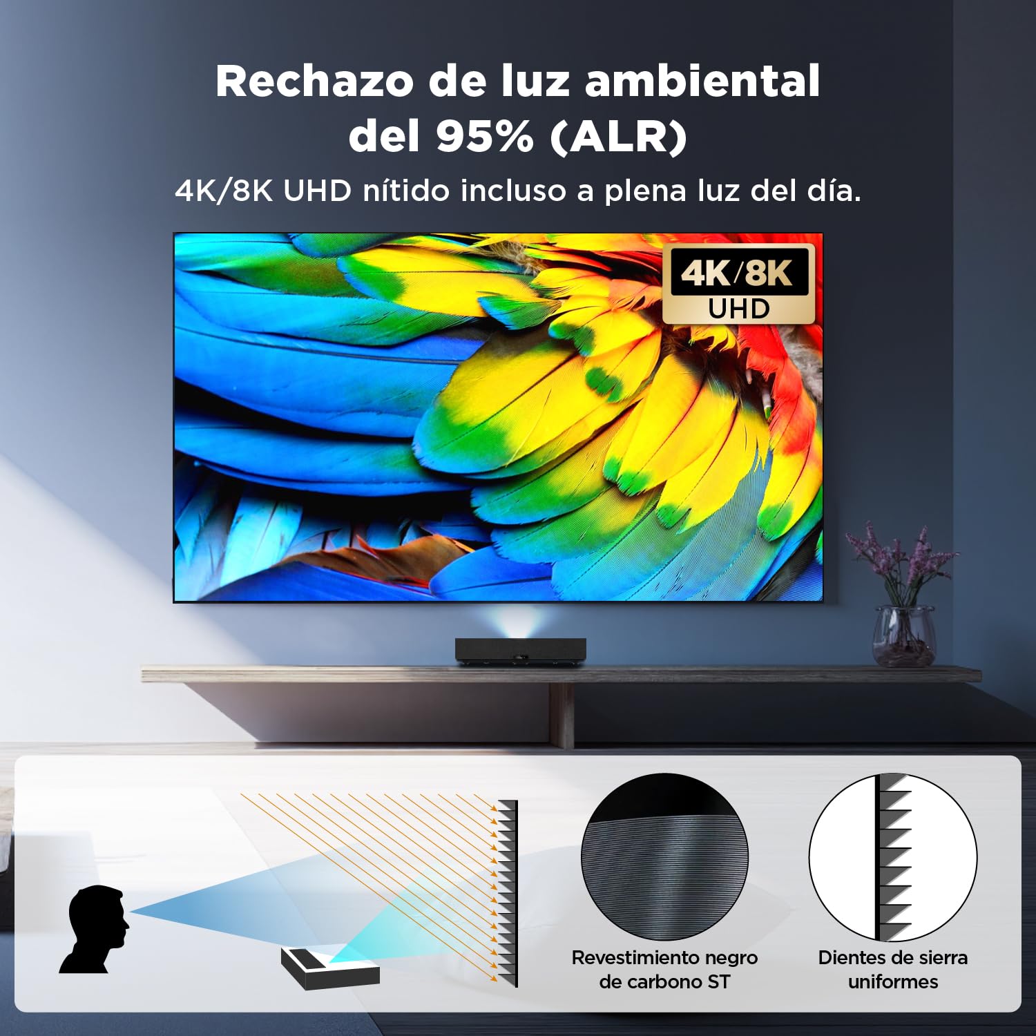Pantalla de Proyección, Marco Fijo 100 Pulgadas, 4K UHD 16:9, Rechazo de Luz Ambiental Luz de Techo ALR CLR, Montaje en Pared para Proyectores de Tiro Ultra Corto