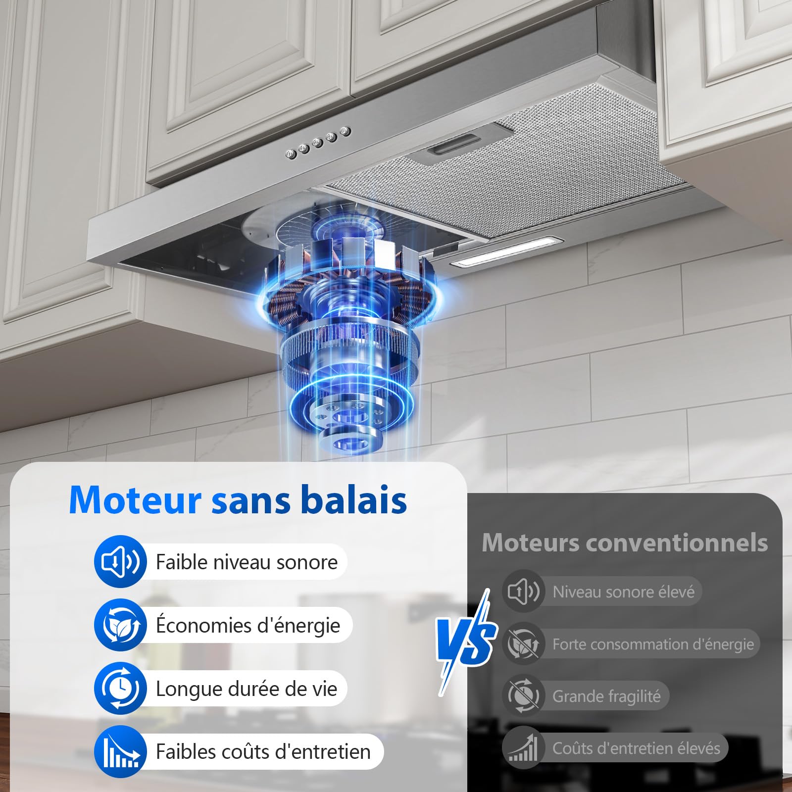 TopStrong Hotte Aspirante 60 cm Encastrable, 250 m³/h Hotte de Cuisine Slim, 3 Vitesses, Classe A+, LED, Inox 430, Recyclage & Évacuation