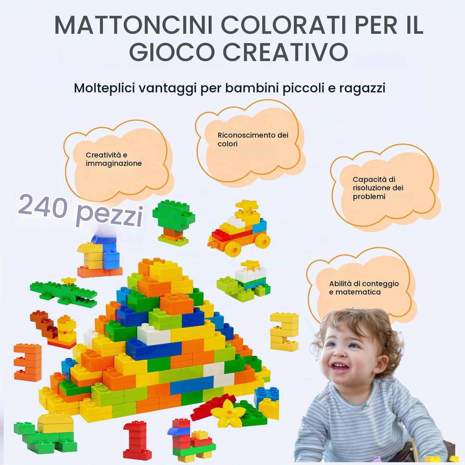 240 Pezzi Set di Mattoni da Costruzione Grandi,Costruzione Grandi mattoncini compatibili con le migliori marche, Classic Contenitore di Mattoncini per bambini a partire dai 3 anni in su
