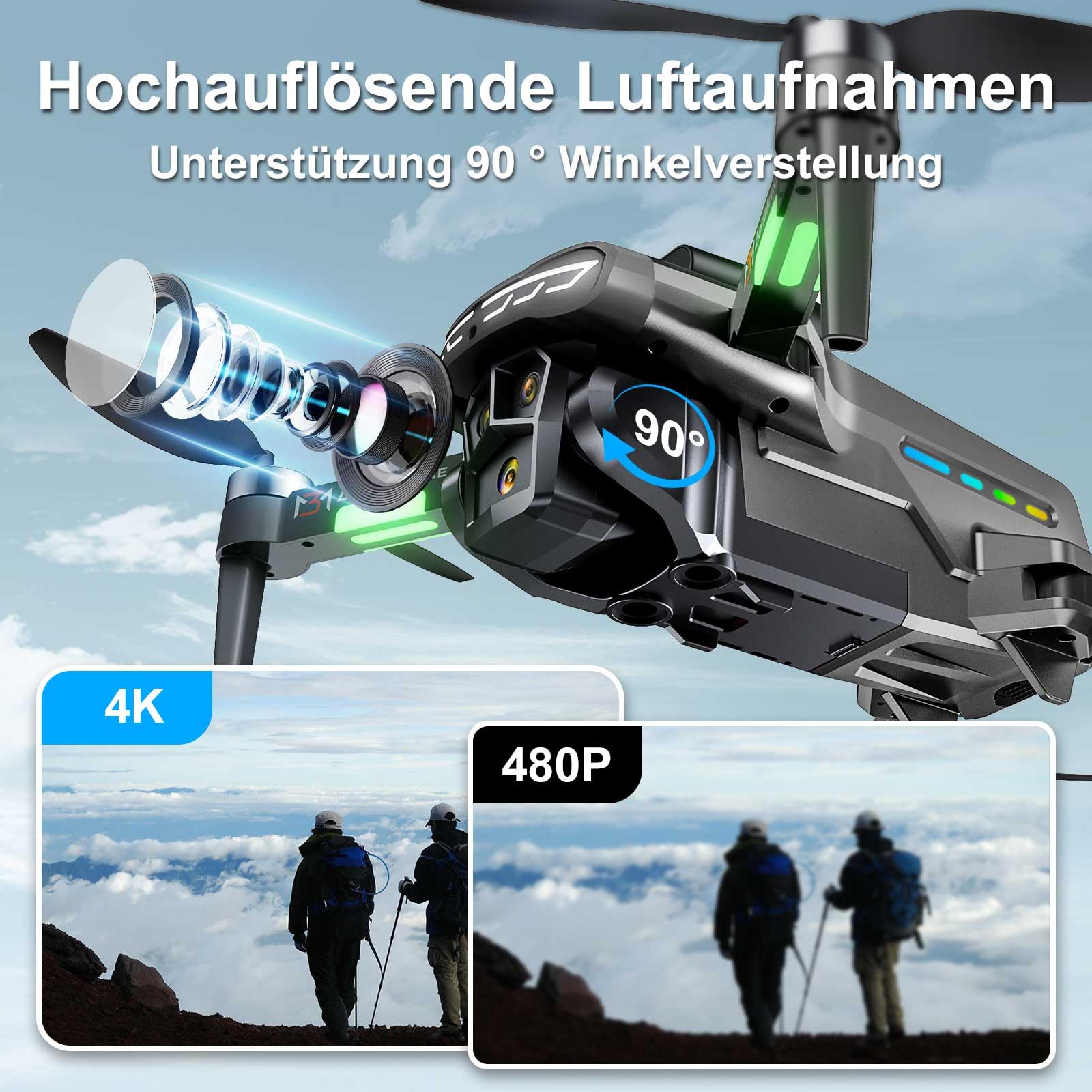 Drone con Canna 4K, Flusso Luminoso, Prevenzione Ostacoli 360° e Motore Elettrico senza Filo - Nero - Dettaglio