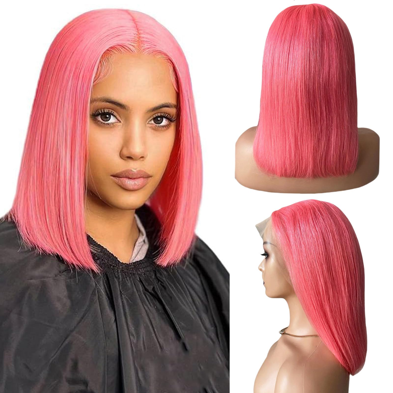 FJsuprise Pink Bob Wigs Human Hair Pre Plucked 180% Density Straight Hot Pink Bob Wigs 13x4 HD Lace Frontal Wigs for Black Women Wear and Go Glueless