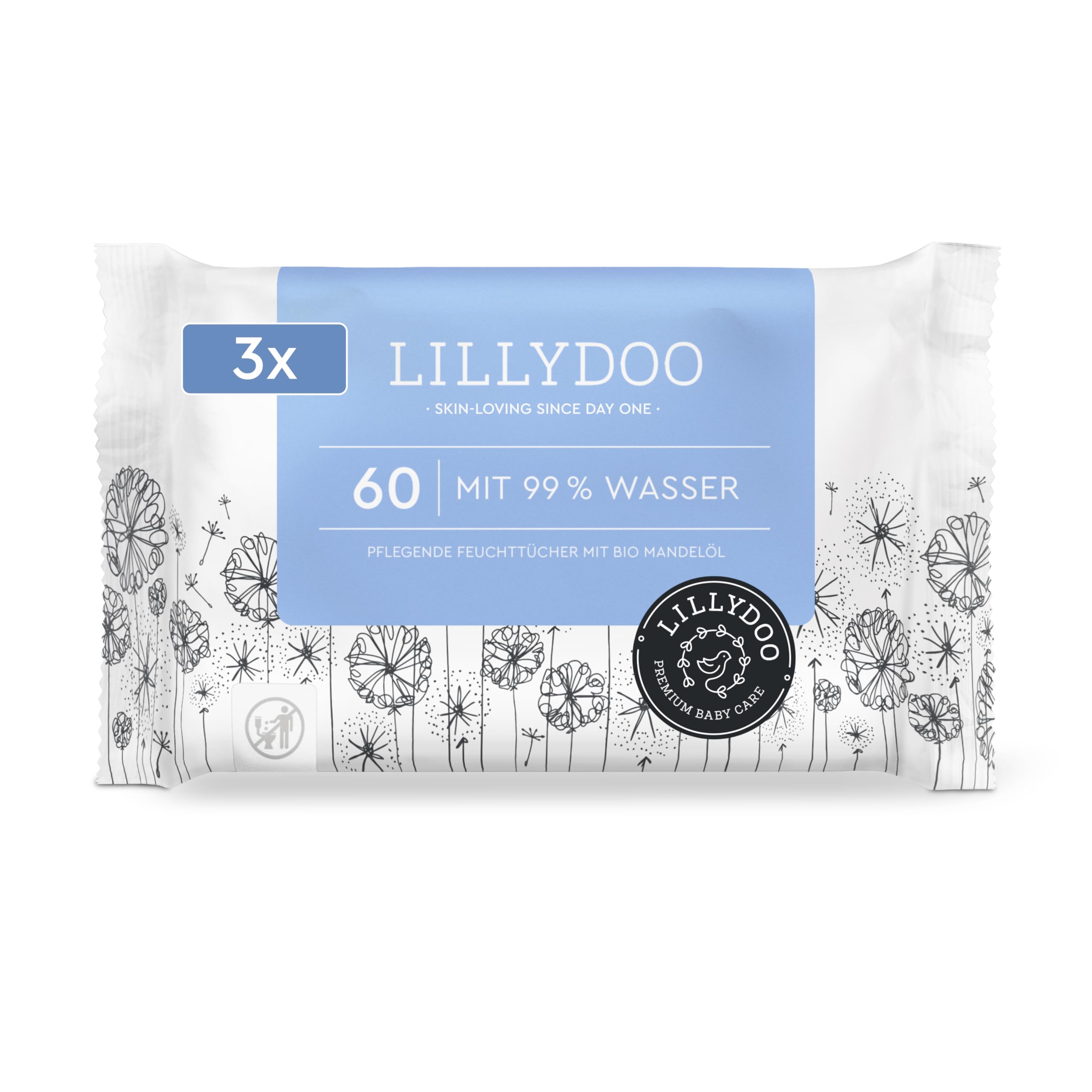 LILLYDOO Baby Feuchttücher mit 99% Wasser, 60 Stück, 100% plastikfreies Tuch, ohne Parfüme & mild wie Watte und Wasser (Packung mit 3)