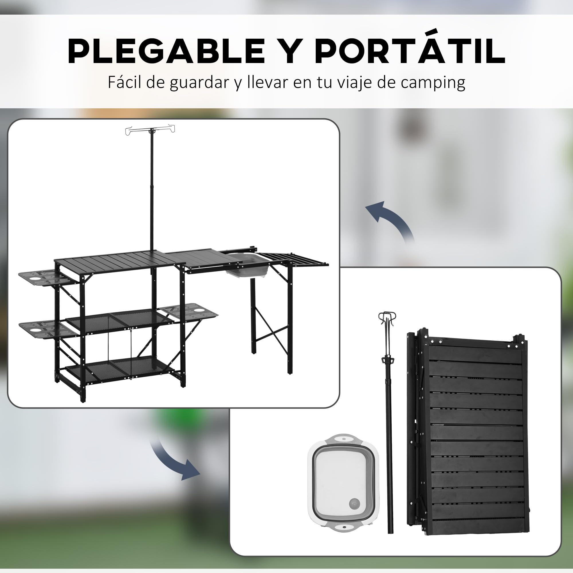 Outsunny Mesa de Cocina de Camping de 3 Niveles, Mesa de Camping Plegable Portátil con Fregadero, Estantes de Almacenaje, Soporte para Lámpara, Bolsa de Transporte para Exterior 173x52x80-174 cm Negro