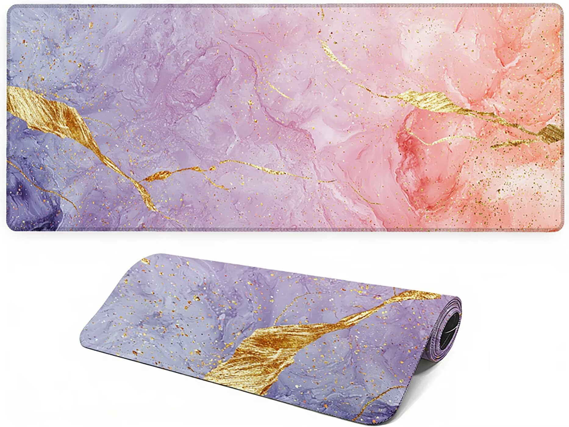 Lpfieonn Marmormuster Großes Schreibtischunterlage, XXL Schreibtischunterlagen, Rosa XXL Wasserdicht Gaming Mousepad mit Vernähter Rand und Rutschfeste Gummibasis, für Hause/Büro 120x60cm PF-2353