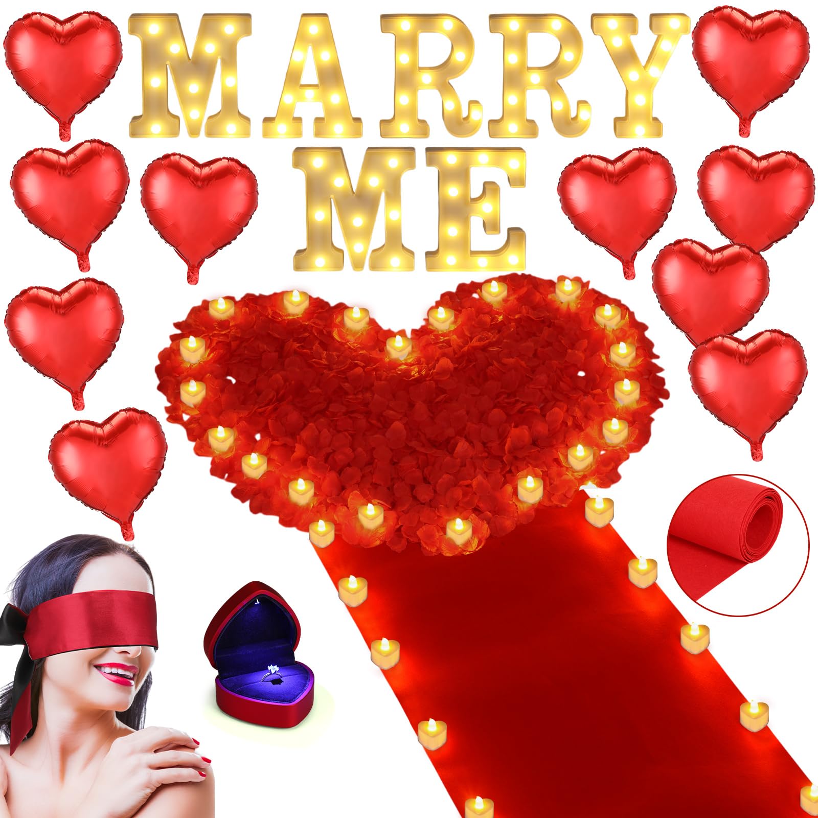 Aurelema Zestaw dekoracji oświadczyn Marry Me Light up Letters 6000 płatków róży, 72 romantyczne świece w kształcie serca, 10 balonów, dywan, czerwona wstążka, 1 pudełko na pierścionki, maska na oczy
