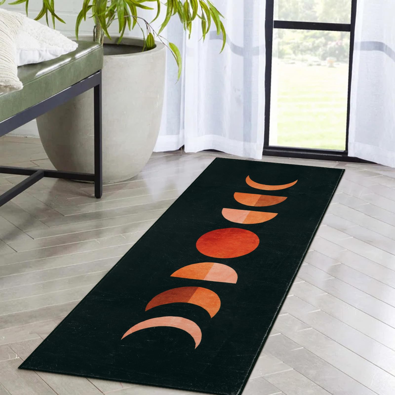 LanffiaMoon Phases Rug Runner 2x5,Washable Hallway Runner Rug,Faux Wool Non Shedding Entry Throw Area Rug Non-Slip Low-Pile Floor Carpet for Kitchen Bathroom Laundry Room Bedroom, Black/Orange