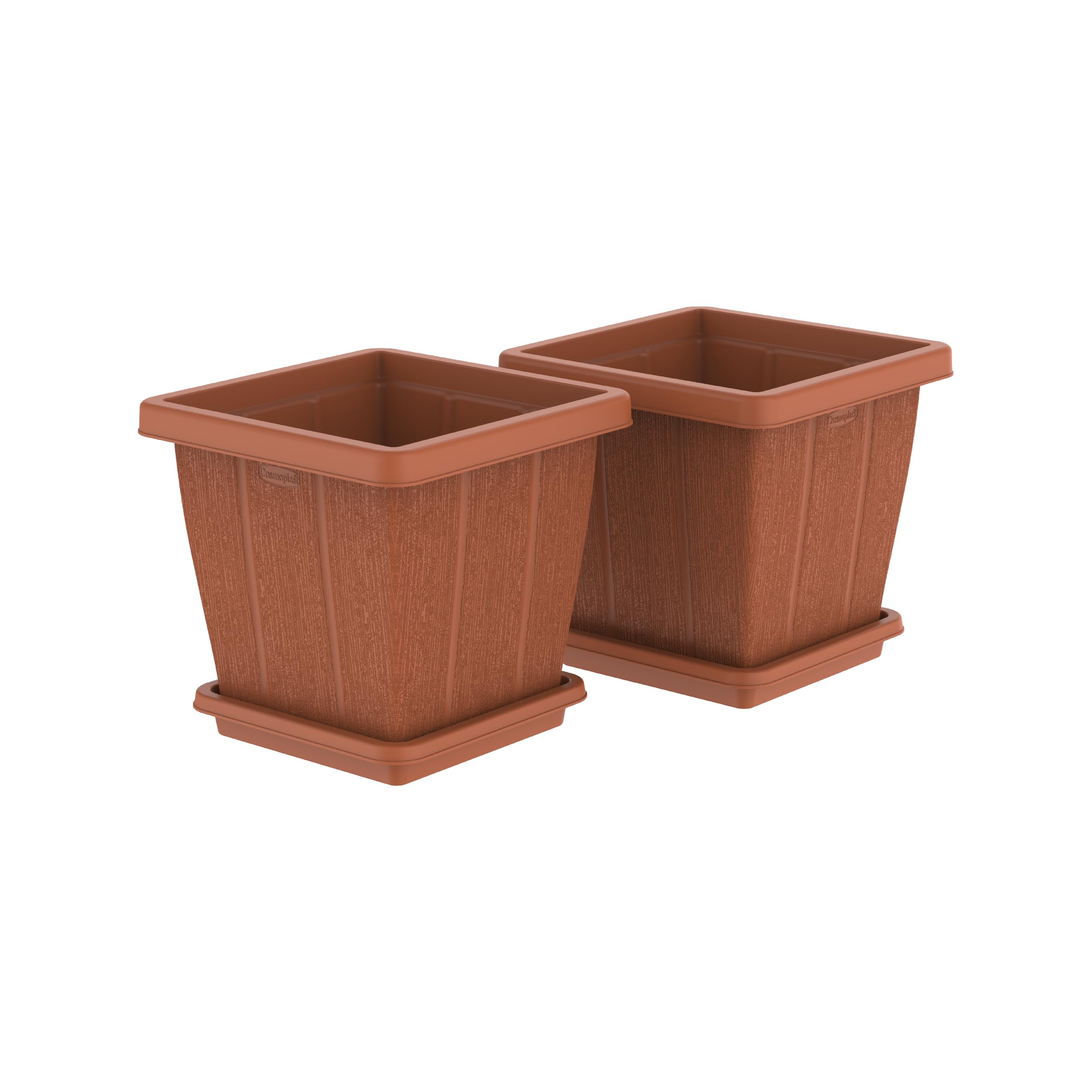 Cosmoplast 45L Cedargrain Square Planter with Tray Set of 2