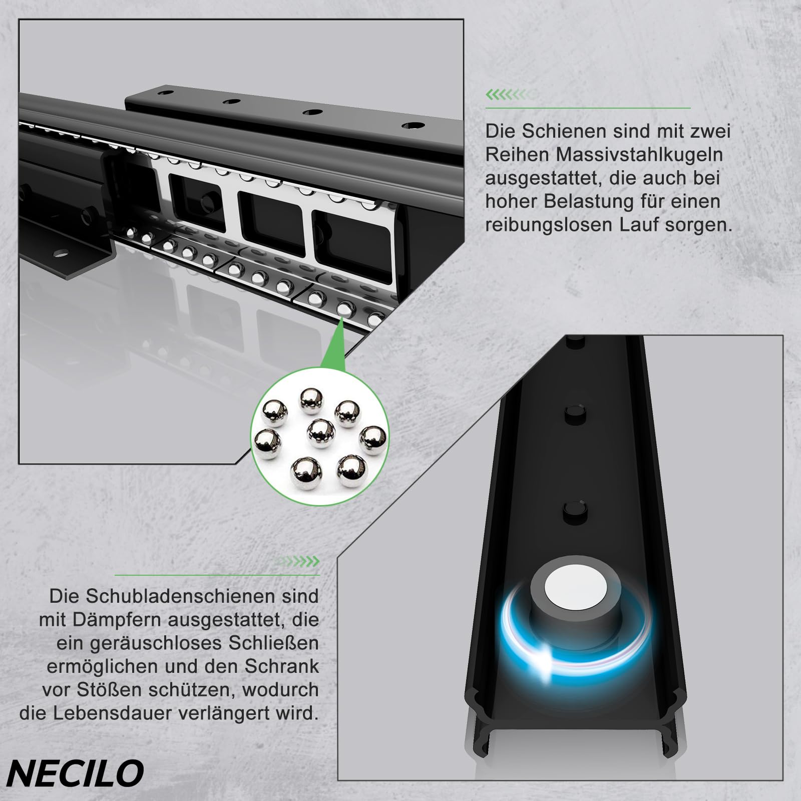 NECILO 600 mm Schwerlastauszug Schubladenschienen mit Bodenhalterung, 3 Falten Vollauszug, Kugellager, Versteckte Gleitschienen für Treppen, Schwarz, 106 KG Tragkraft, 1 Paar